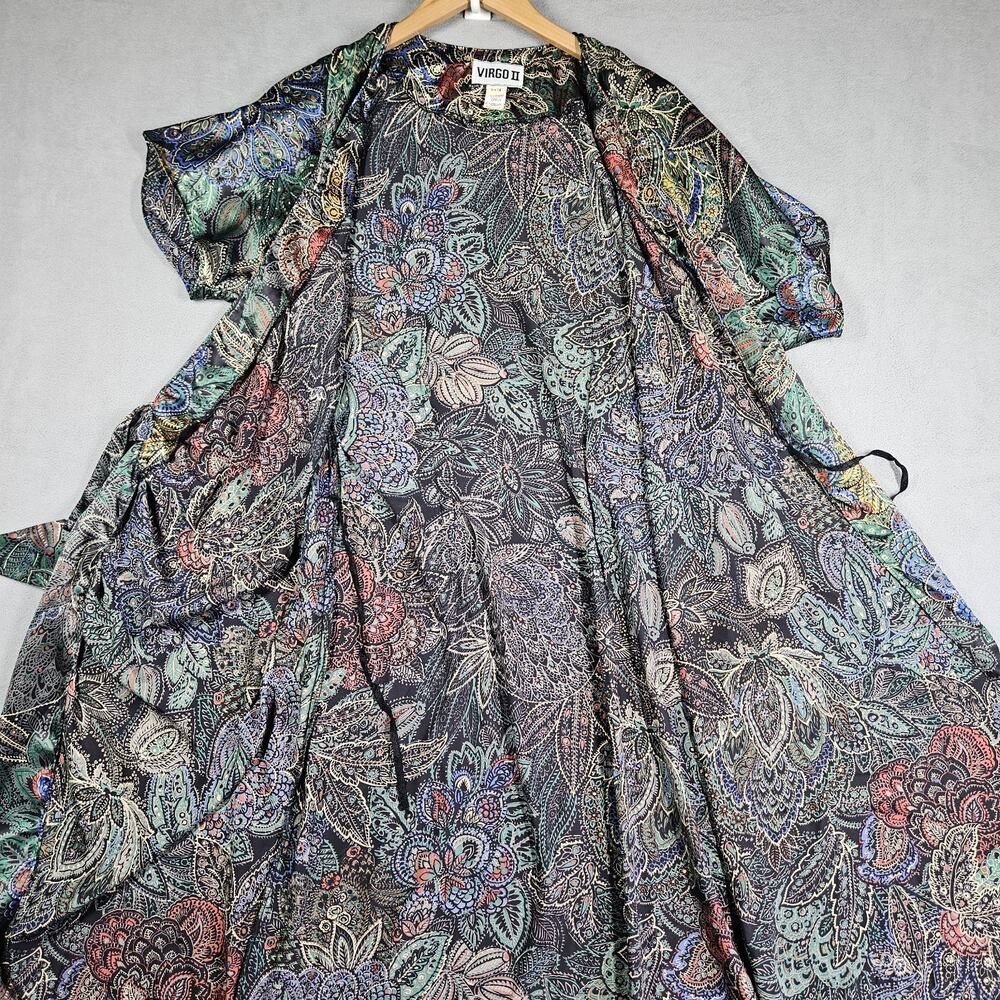 Vintage VIRGO II Wrap Dress Womens 14 Floral Print Metallic Sheen Midi Artsy USA - Picture 6 of 16